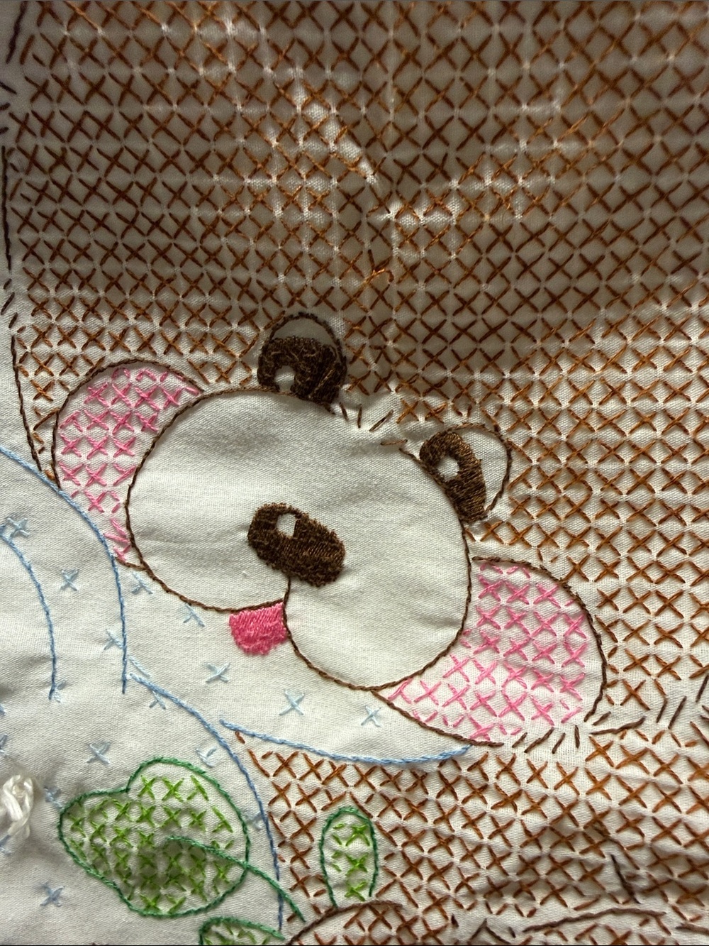 Embroidered Teddy Bear Baby Quilt - White with Pink & Green Accents